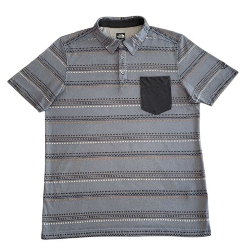 The North Face Polo Shirt XL Grey Geometric Stripe FlashDry Pocket Mens